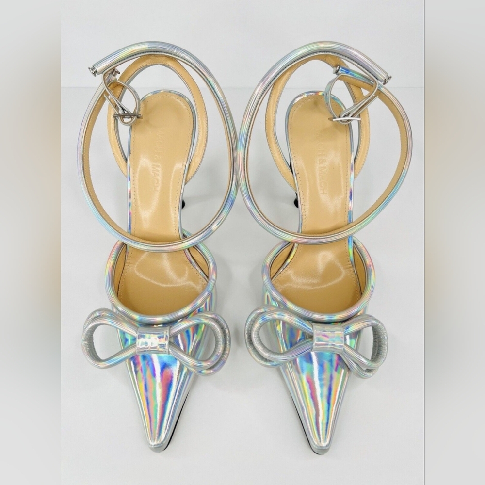 Auth.Mach & Mach Double Bow Iridescent Silver Metallic Ankle Strap Pumps EU39.5
